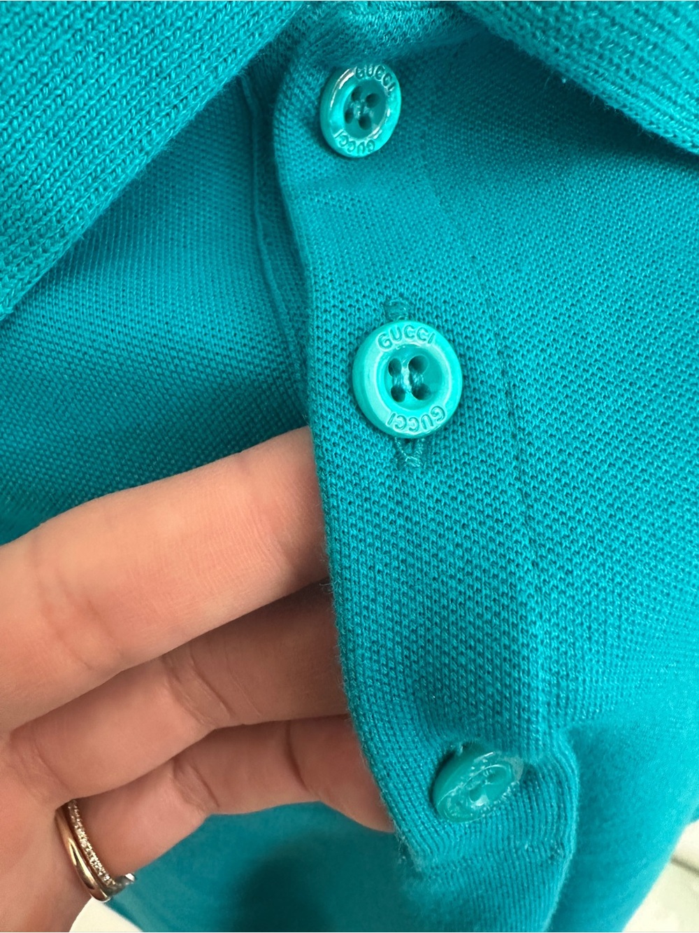 GUCCI 🦋 Kids Turquoise Polo with Yellow Script Logo - Picture 3 of 8